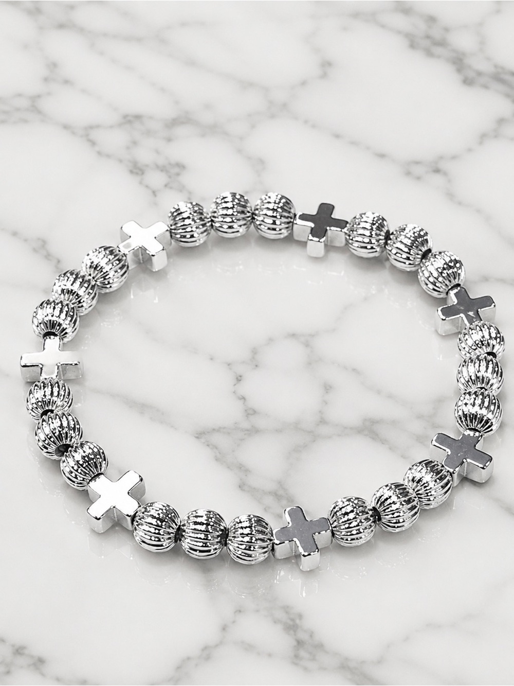 Hand Crafted Lux Infinity Cross 6mm Sterling Silver Bead Bracelet